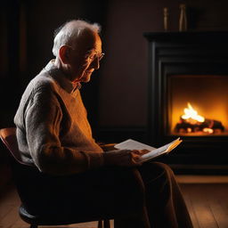 An elderly man deeply engaged in a book, seated on a brown chair in a house with dark black walls, accompanied by the warm glow from a screen displaying a crackling fire behind him.