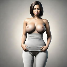 A high-quality, realistic digital art piece depicting a slim woman with a large bust, wearing only pants