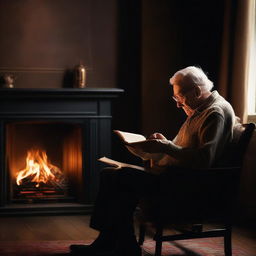 An elderly man deeply engaged in a book, seated on a brown chair in a house with dark black walls, accompanied by the warm glow from a screen displaying a crackling fire behind him.