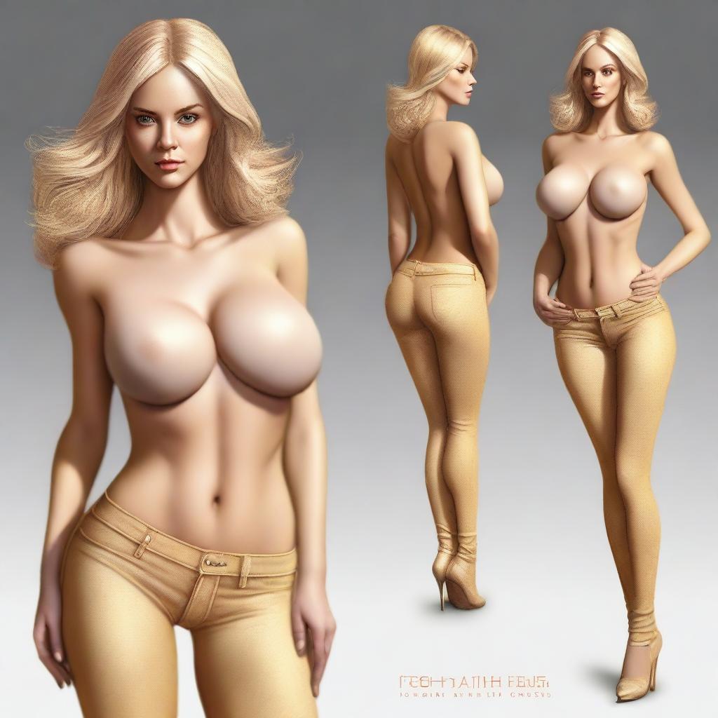 A high-quality, realistic digital art piece featuring a slim, blonde woman with a large bust, wearing only pants