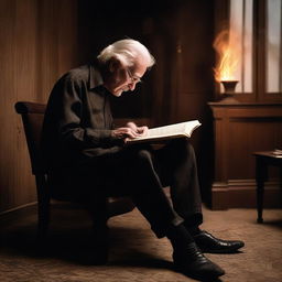 An elderly man with snowy white hair, dressed in a black shirt, black pants, and white shoes, deeply engrossed in a book while seated on a brown chair in a dark black house. Behind him, a screen casts warm light, displaying a flickering fire.