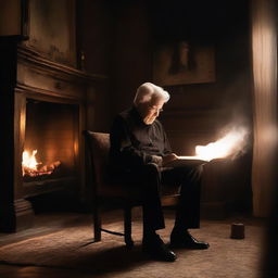 An elderly man with snowy white hair, dressed in a black shirt, black pants, and white shoes, deeply engrossed in a book while seated on a brown chair in a dark black house. Behind him, a screen casts warm light, displaying a flickering fire.