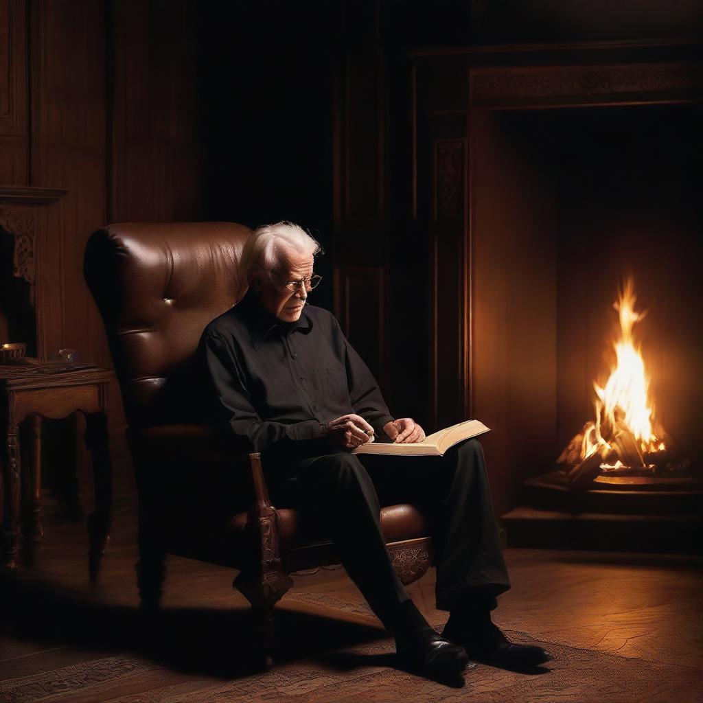 An elderly man with snowy white hair, dressed in a black shirt, black pants, and white shoes, deeply engrossed in a book while seated on a brown chair in a dark black house. Behind him, a screen casts warm light, displaying a flickering fire.