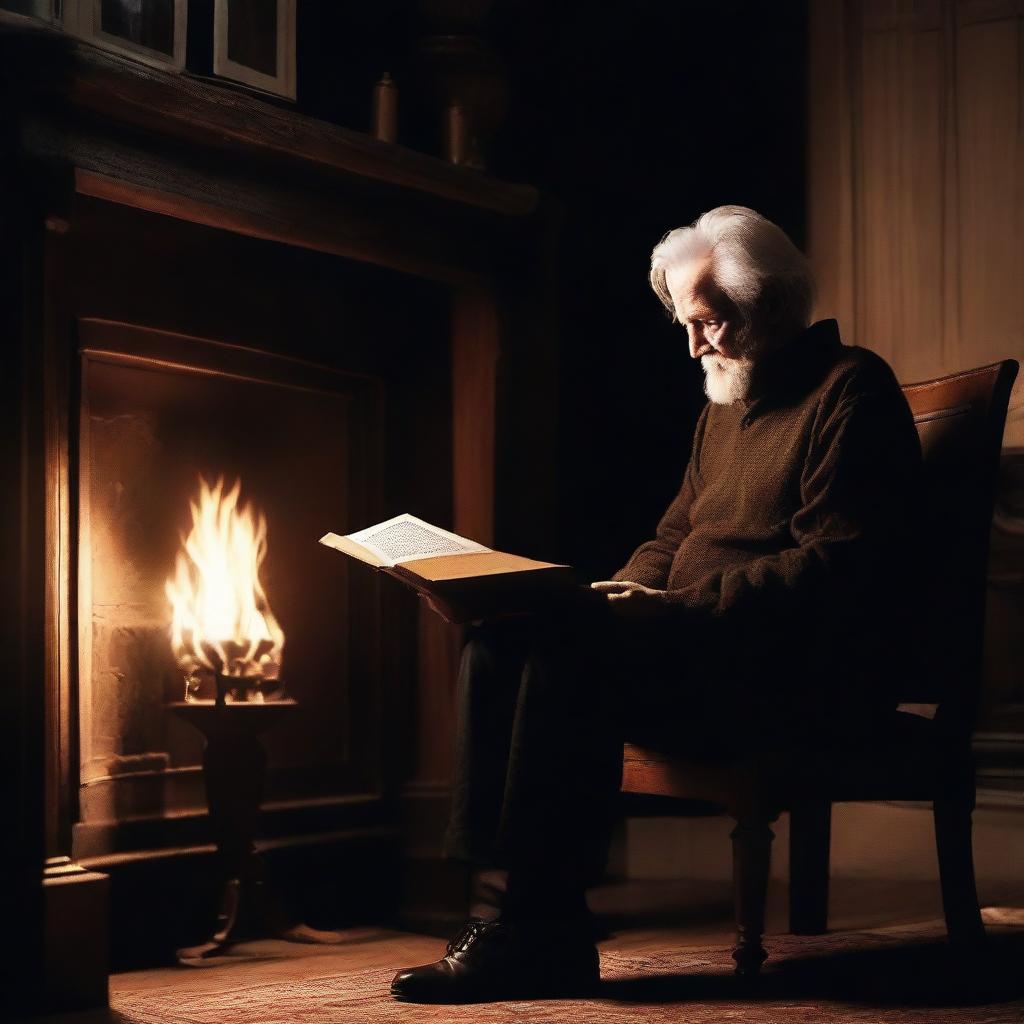 An elderly man with snowy white hair, dressed in a black shirt, black pants, and white shoes, deeply engrossed in a book while seated on a brown chair in a dark black house. Behind him, a screen casts warm light, displaying a flickering fire.