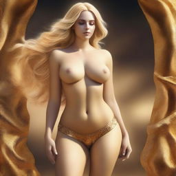 A realistic digital art piece of highest quality, featuring a slim, blonde woman with a large bust and voluptuous rear, depicted as a goddess, wearing only pants