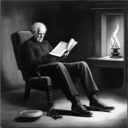 An elderly man with hair of black and white, adorned in a black shirt, black pants, and white shoes, engrossed in a book while seated comfortably on a brown chair within the confines of a dark black house. Behind him, a screen emits a warm glow, depicting a flickering fire.