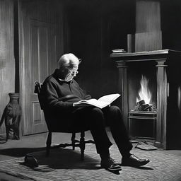 An elderly man with hair of black and white, adorned in a black shirt, black pants, and white shoes, engrossed in a book while seated comfortably on a brown chair within the confines of a dark black house. Behind him, a screen emits a warm glow, depicting a flickering fire.