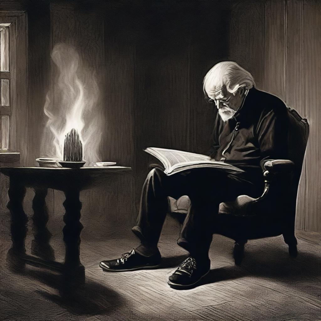 An elderly man with hair of black and white, adorned in a black shirt, black pants, and white shoes, engrossed in a book while seated comfortably on a brown chair within the confines of a dark black house. Behind him, a screen emits a warm glow, depicting a flickering fire.