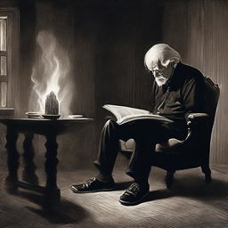 An elderly man with hair of black and white, adorned in a black shirt, black pants, and white shoes, engrossed in a book while seated comfortably on a brown chair within the confines of a dark black house. Behind him, a screen emits a warm glow, depicting a flickering fire.