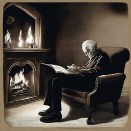 An elderly man with hair of black and white, adorned in a black shirt, black pants, and white shoes, engrossed in a book while seated comfortably on a brown chair within the confines of a dark black house. Behind him, a screen emits a warm glow, depicting a flickering fire.