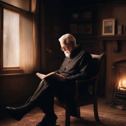 An elderly man with white hair, dressed in a black dress, black T-shirt, and white shoes, deeply engrossed in reading a book. He is comfortably seated on a brown chair in a black house, while a screen flickering with the warm light of a fire is behind him.