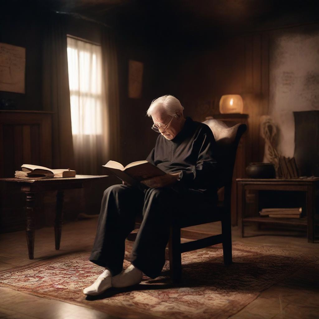 An elderly man with white hair, dressed in a black dress, black T-shirt, and white shoes, deeply engrossed in reading a book. He is comfortably seated on a brown chair in a black house, while a screen flickering with the warm light of a fire is behind him.