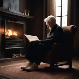 An elderly man with white hair, dressed in a black dress, black T-shirt, and white shoes, deeply engrossed in reading a book. He is comfortably seated on a brown chair in a black house, while a screen flickering with the warm light of a fire is behind him.