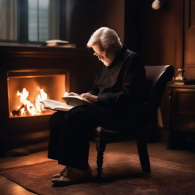 An elderly man with white hair, dressed in a black dress, black T-shirt, and white shoes, deeply engrossed in reading a book. He is comfortably seated on a brown chair in a black house, while a screen flickering with the warm light of a fire is behind him.