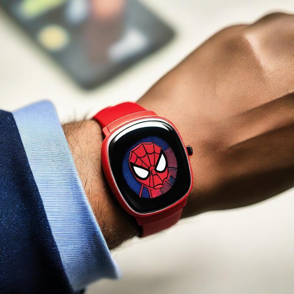 A detailed view of a man sporting a Spiderman-themed smart watch, with Spiderman's insignia prominently displayed on the screen