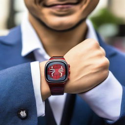 A detailed view of a man sporting a Spiderman-themed smart watch, with Spiderman's insignia prominently displayed on the screen