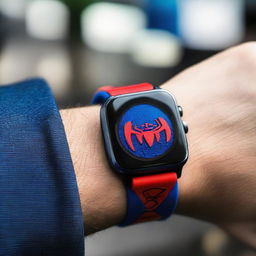 A detailed view of a man sporting a Spiderman-themed smart watch, with Spiderman's insignia prominently displayed on the screen