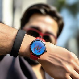 A detailed view of a man sporting a Spiderman-themed smart watch, with Spiderman's insignia prominently displayed on the screen