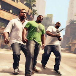 Michael, Trevor, and Franklin, characters from GTA V, engaged in wild antics in the heart of Los Santos, with chaos ensuing around them.