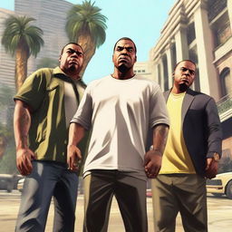 Michael, Trevor, and Franklin, characters from GTA V, engaged in wild antics in the heart of Los Santos, with chaos ensuing around them.