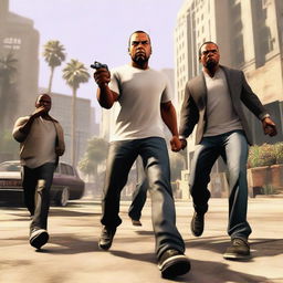 Michael, Trevor, and Franklin, characters from GTA V, engaged in wild antics in the heart of Los Santos, with chaos ensuing around them.