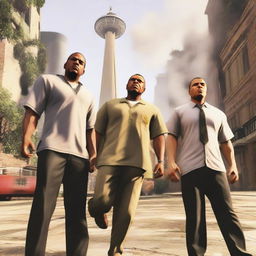 Michael, Trevor, and Franklin, characters from GTA V, engaged in wild antics in the heart of Los Santos, with chaos ensuing around them.