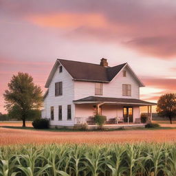 A huge, high-end farmhouse surrounded by cornfields under the orange and pink sunset