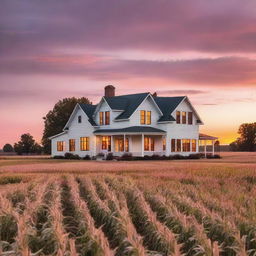 A huge, high-end farmhouse surrounded by cornfields under the orange and pink sunset