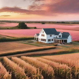 A huge, high-end farmhouse surrounded by cornfields under the orange and pink sunset