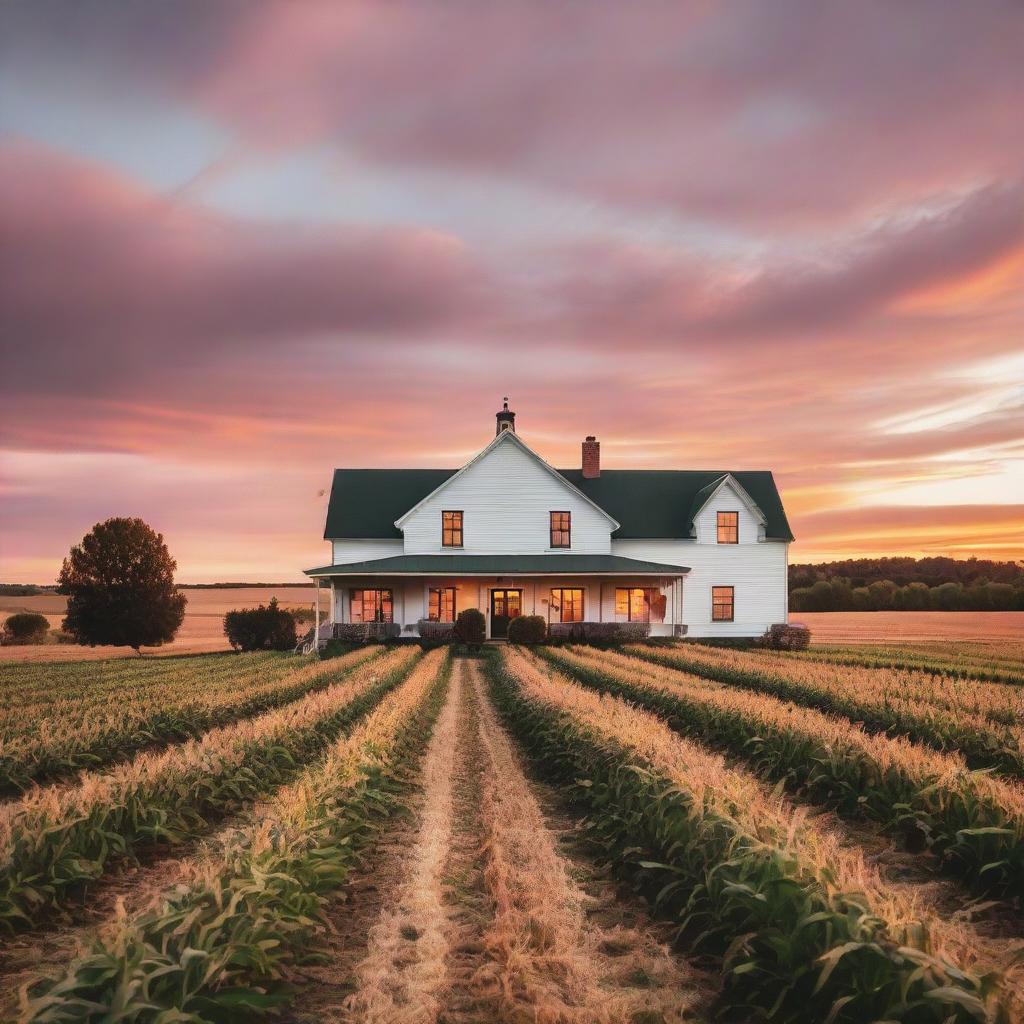 A huge, high-end farmhouse surrounded by cornfields under the orange and pink sunset