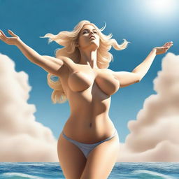 This is a high-quality, realistic digital art image showcasing a slim, blonde woman with a large bust and voluptuous rear, depicted as a goddess, wearing only a bikini bottom