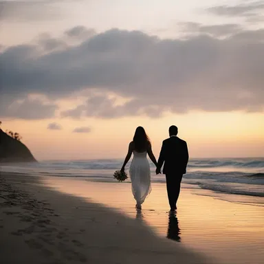 As the sun set, casting a soft dimness over the beach, the couple walked hand in hand, creating a romantic atmosphere.