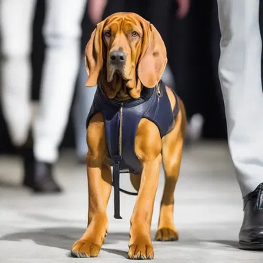 The bloodhound walked down the runway, wearing a stylish designer outfit.