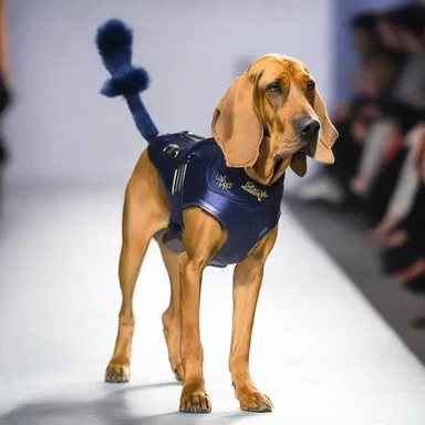 The bloodhound walked down the runway, wearing a stylish designer outfit.