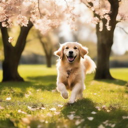 A lively golden retriever wagging its tail in a blossoming park under the sunlight