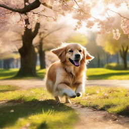 A lively golden retriever wagging its tail in a blossoming park under the sunlight