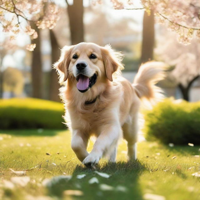 A lively golden retriever wagging its tail in a blossoming park under the sunlight