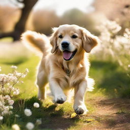 A lively golden retriever wagging its tail in a blossoming park under the sunlight