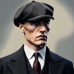 A realistic portrait of Thomas Shelby, a character from the Peaky Blinders, in his signature peaked cap and sophisticated suit, a stern look on his intense gaze.