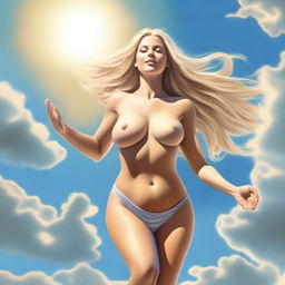 This is a high-quality, realistic digital art image featuring a slim, blonde woman with a large bust and voluptuous rear, portrayed as a goddess, wearing only a bikini bottom