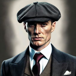 A realistic portrait of Thomas Shelby, a character from the Peaky Blinders, in his signature peaked cap and sophisticated suit, a stern look on his intense gaze.