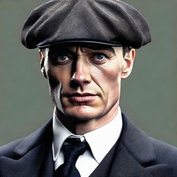 A realistic portrait of Thomas Shelby, a character from the Peaky Blinders, in his signature peaked cap and sophisticated suit, a stern look on his intense gaze.