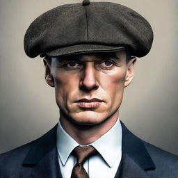 A realistic portrait of Thomas Shelby, a character from the Peaky Blinders, in his signature peaked cap and sophisticated suit, a stern look on his intense gaze.