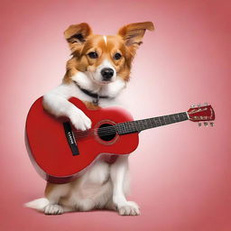 A charismatic dog enthusiastically plucking the strings of a vibrant red guitar