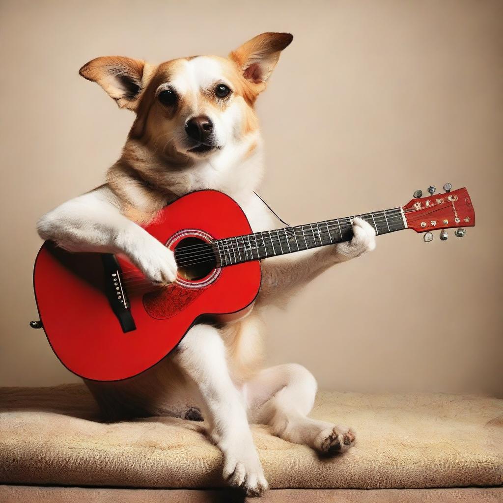 A charismatic dog enthusiastically plucking the strings of a vibrant red guitar