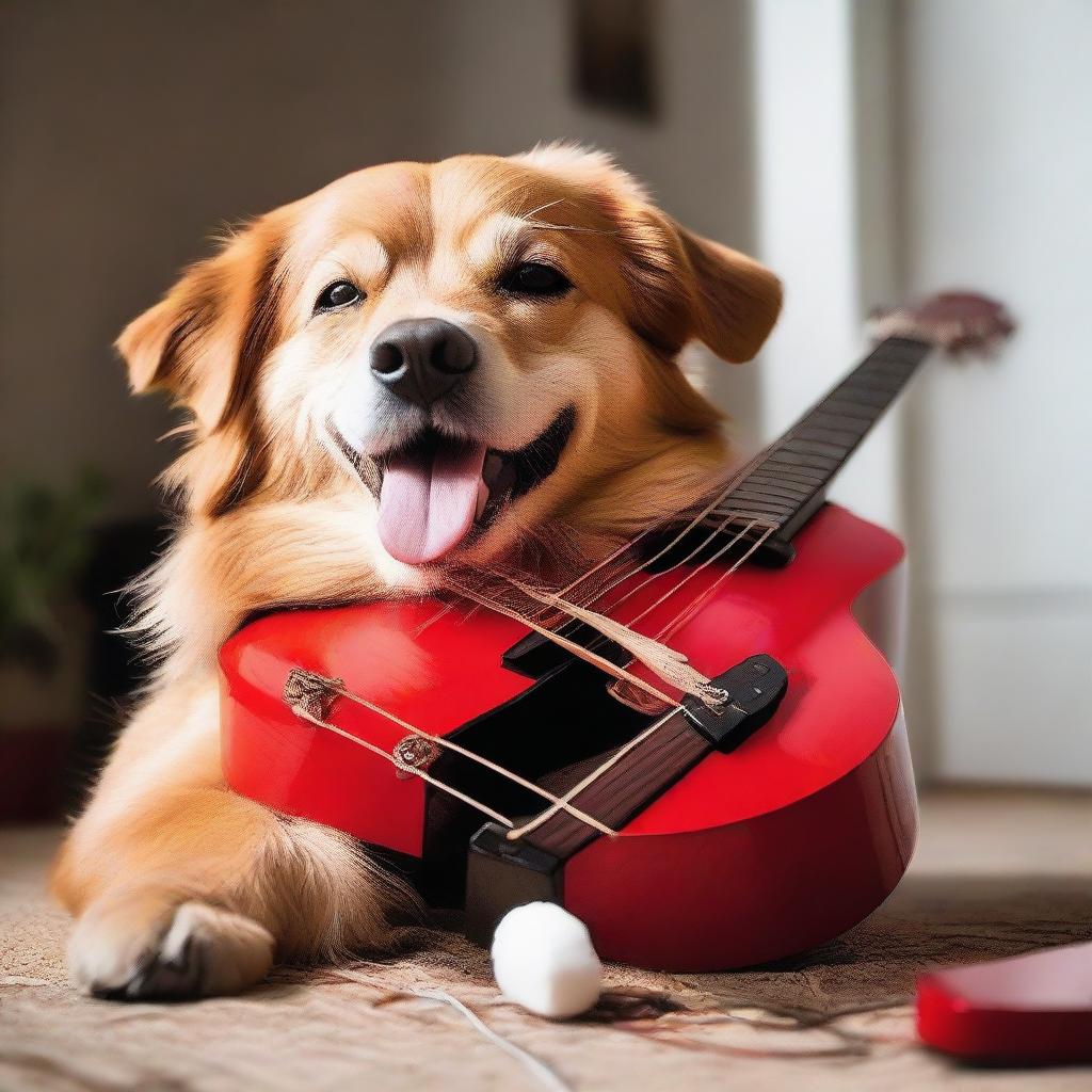 A charismatic dog enthusiastically plucking the strings of a vibrant red guitar