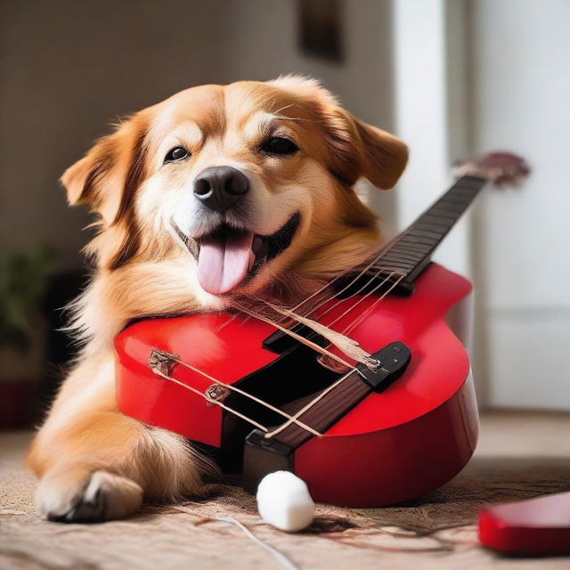 A charismatic dog enthusiastically plucking the strings of a vibrant red guitar