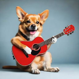 A charismatic dog enthusiastically plucking the strings of a vibrant red guitar