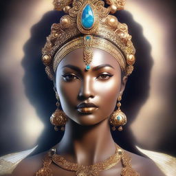 This is a high-quality, realistic digital art image featuring a goddess with an exaggerated figure, her bust size equivalent to that of a human