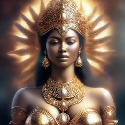 This is a high-quality, realistic digital art image featuring a goddess with an exaggerated figure, her bust size equivalent to that of a human